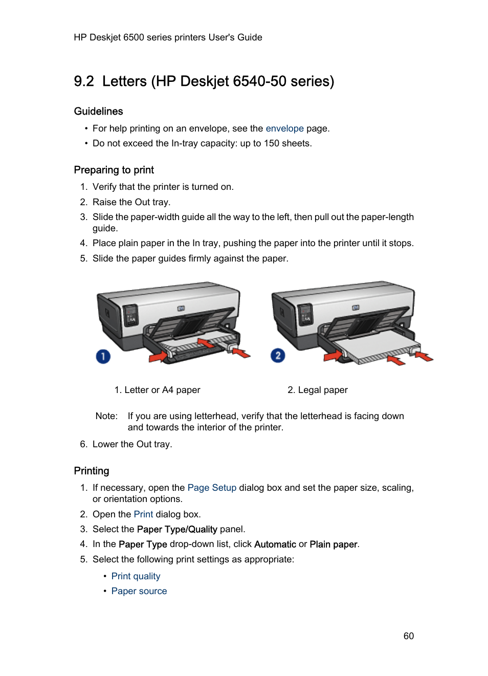 2 letters (hp deskjet 6540-50 series), Guidelines, Preparing to print | Printing, Letters | HP Deskjet 6540 Color Inkjet Printer User Manual | Page 60 / 195