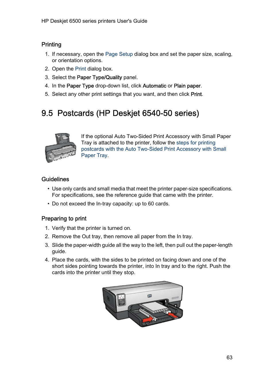 Printing, 5 postcards (hp deskjet 6540-50 series), Guidelines | Preparing to print, Postcards | HP Deskjet 6540 Color Inkjet Printer User Manual | Page 63 / 195