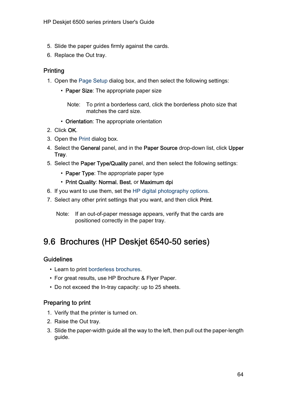 Printing, 6 brochures (hp deskjet 6540-50 series), Guidelines | Preparing to print, Brochures | HP Deskjet 6540 Color Inkjet Printer User Manual | Page 64 / 195