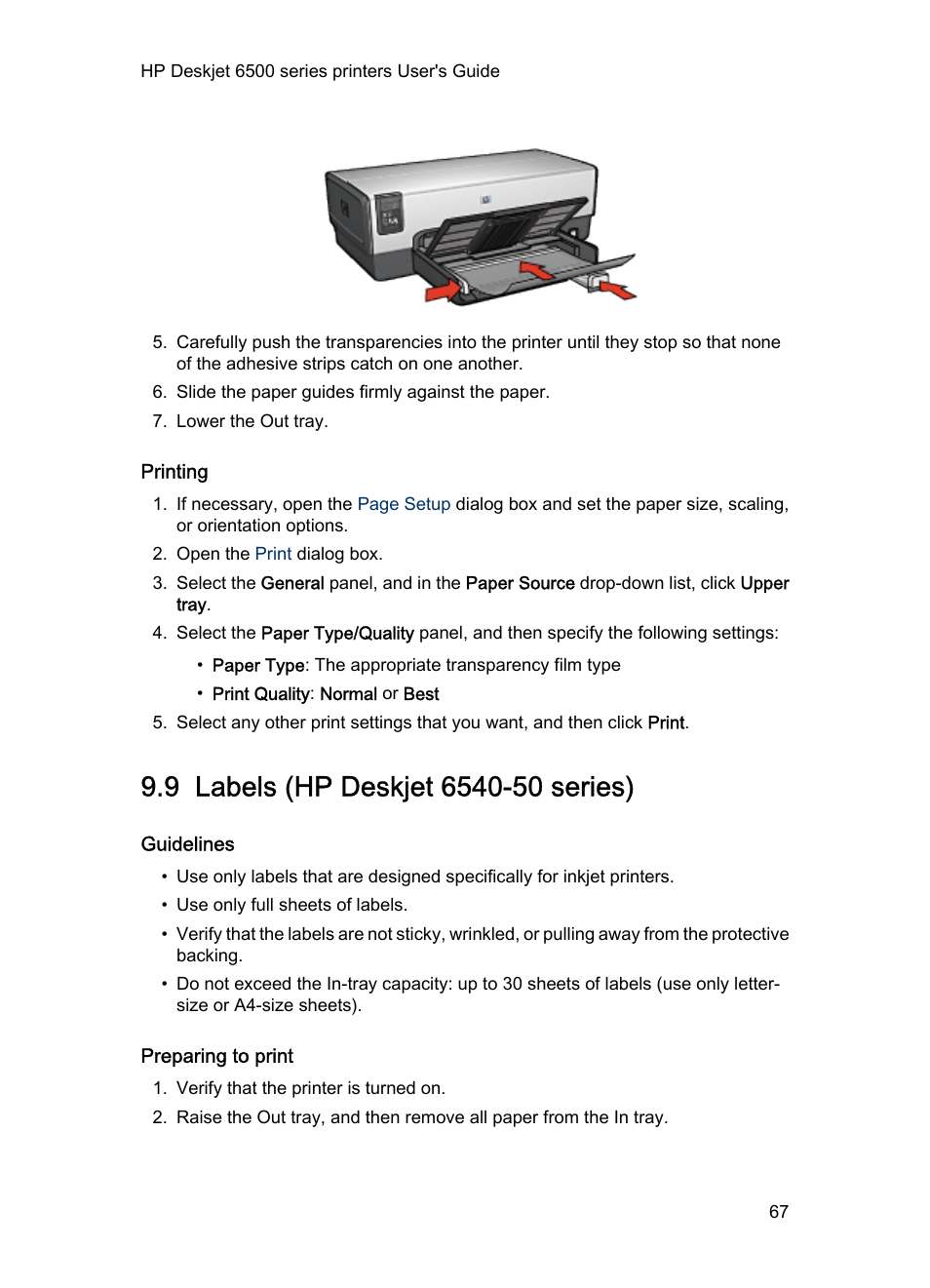 Printing, 9 labels (hp deskjet 6540-50 series), Guidelines | Preparing to print, Labels | HP Deskjet 6540 Color Inkjet Printer User Manual | Page 67 / 195
