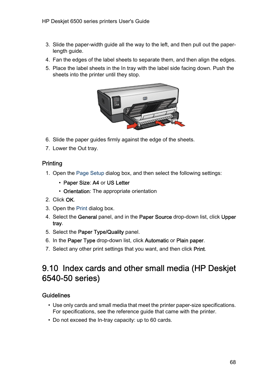 Printing, Guidelines, Index cards | HP Deskjet 6540 Color Inkjet Printer User Manual | Page 68 / 195