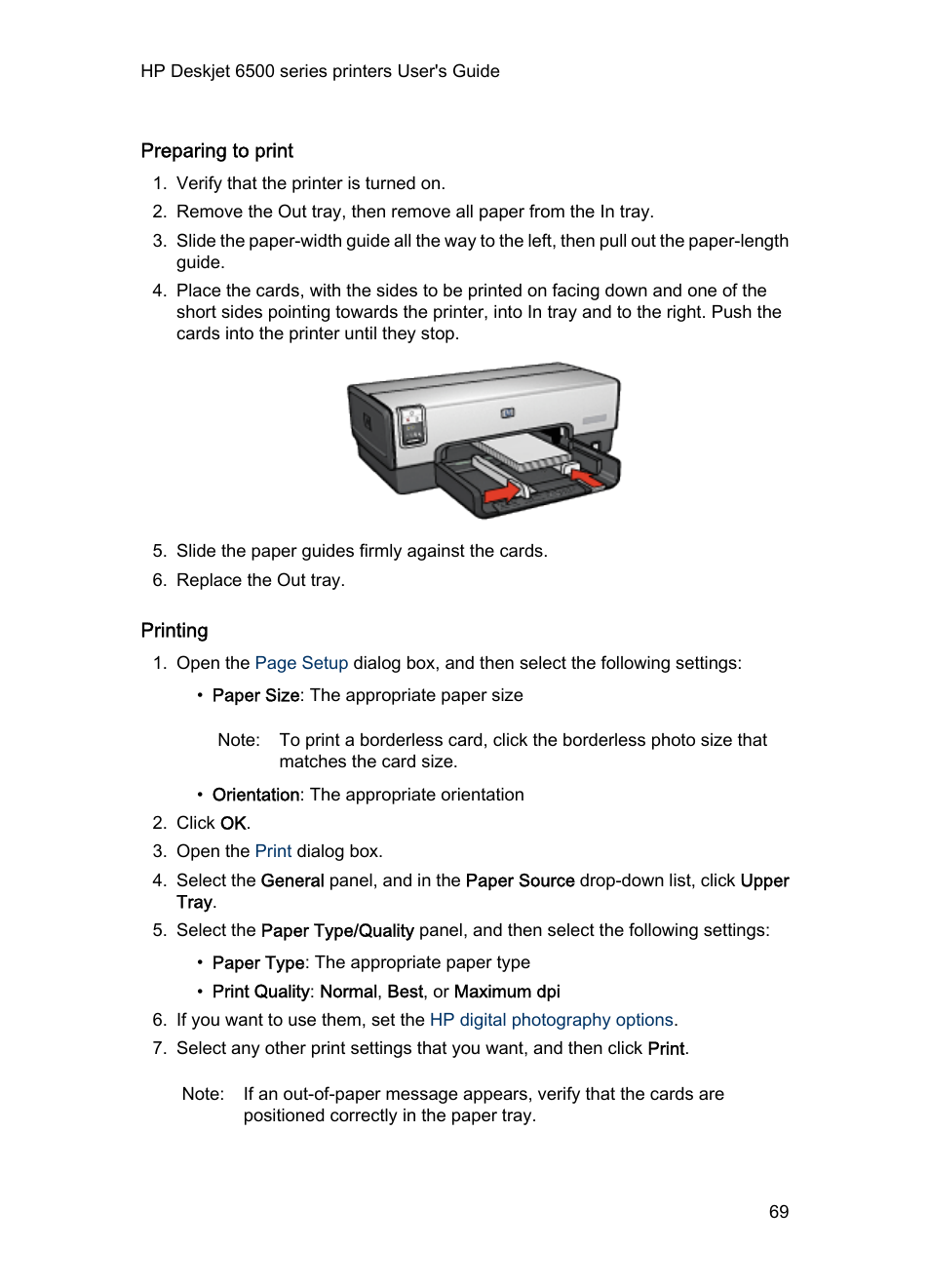 Preparing to print, Printing | HP Deskjet 6540 Color Inkjet Printer User Manual | Page 69 / 195