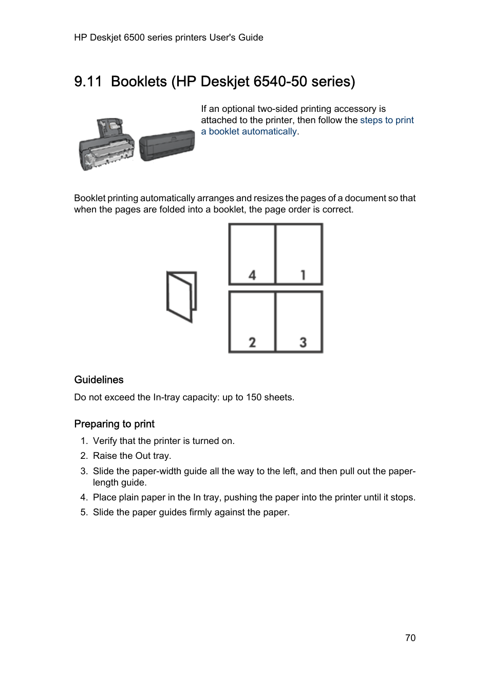 11 booklets (hp deskjet 6540-50 series), Guidelines, Preparing to print | Booklets | HP Deskjet 6540 Color Inkjet Printer User Manual | Page 70 / 195