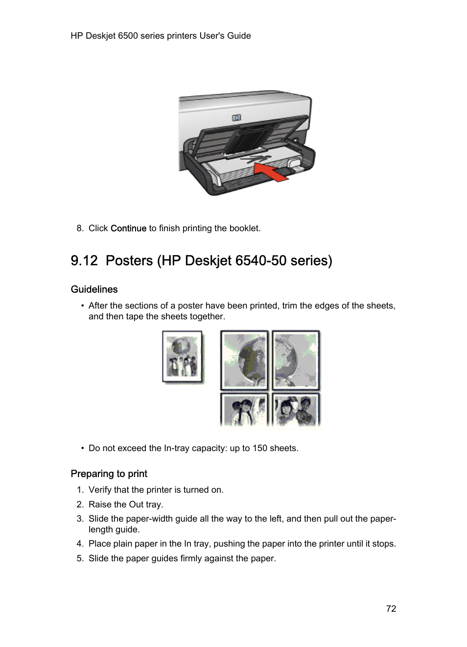 12 posters (hp deskjet 6540-50 series), Guidelines, Preparing to print | Posters | HP Deskjet 6540 Color Inkjet Printer User Manual | Page 72 / 195