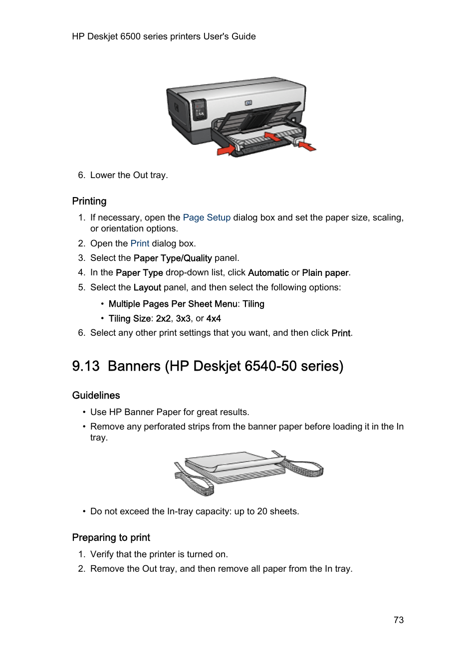 Printing, 13 banners (hp deskjet 6540-50 series), Guidelines | Preparing to print, Banners | HP Deskjet 6540 Color Inkjet Printer User Manual | Page 73 / 195