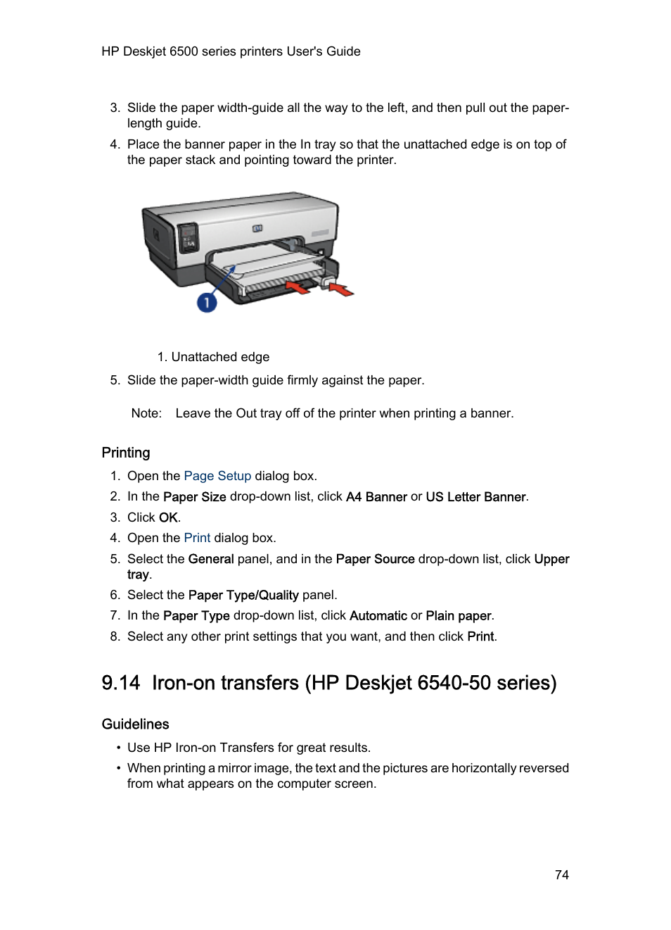 Printing, 14 iron-on transfers (hp deskjet 6540-50 series), Guidelines | Iron-on, Transfers | HP Deskjet 6540 Color Inkjet Printer User Manual | Page 74 / 195