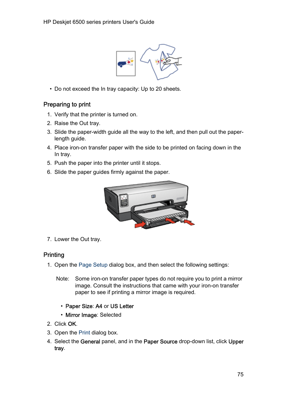 Preparing to print, Printing | HP Deskjet 6540 Color Inkjet Printer User Manual | Page 75 / 195