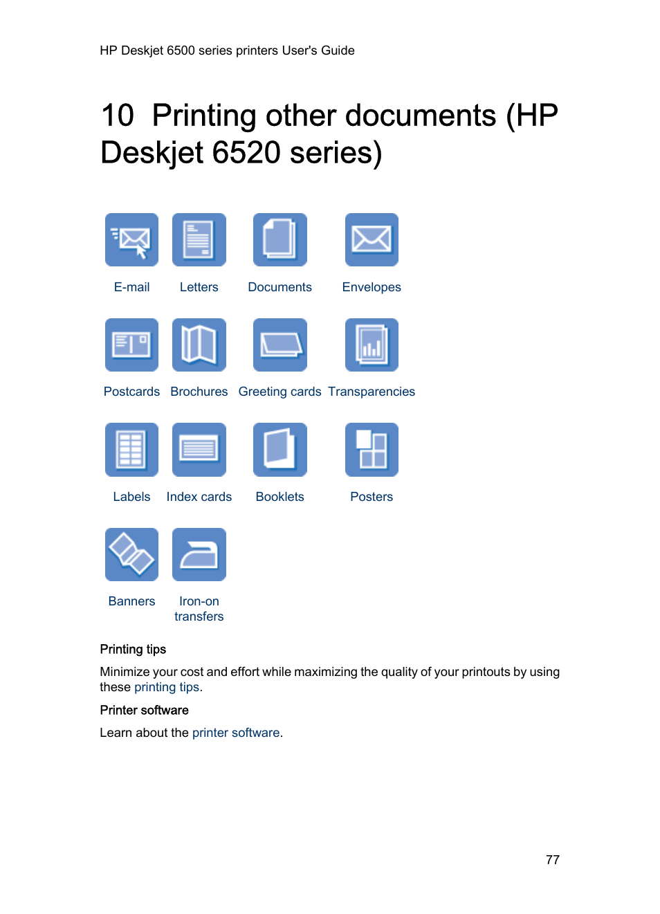 Printing other documents | HP Deskjet 6540 Color Inkjet Printer User Manual | Page 77 / 195