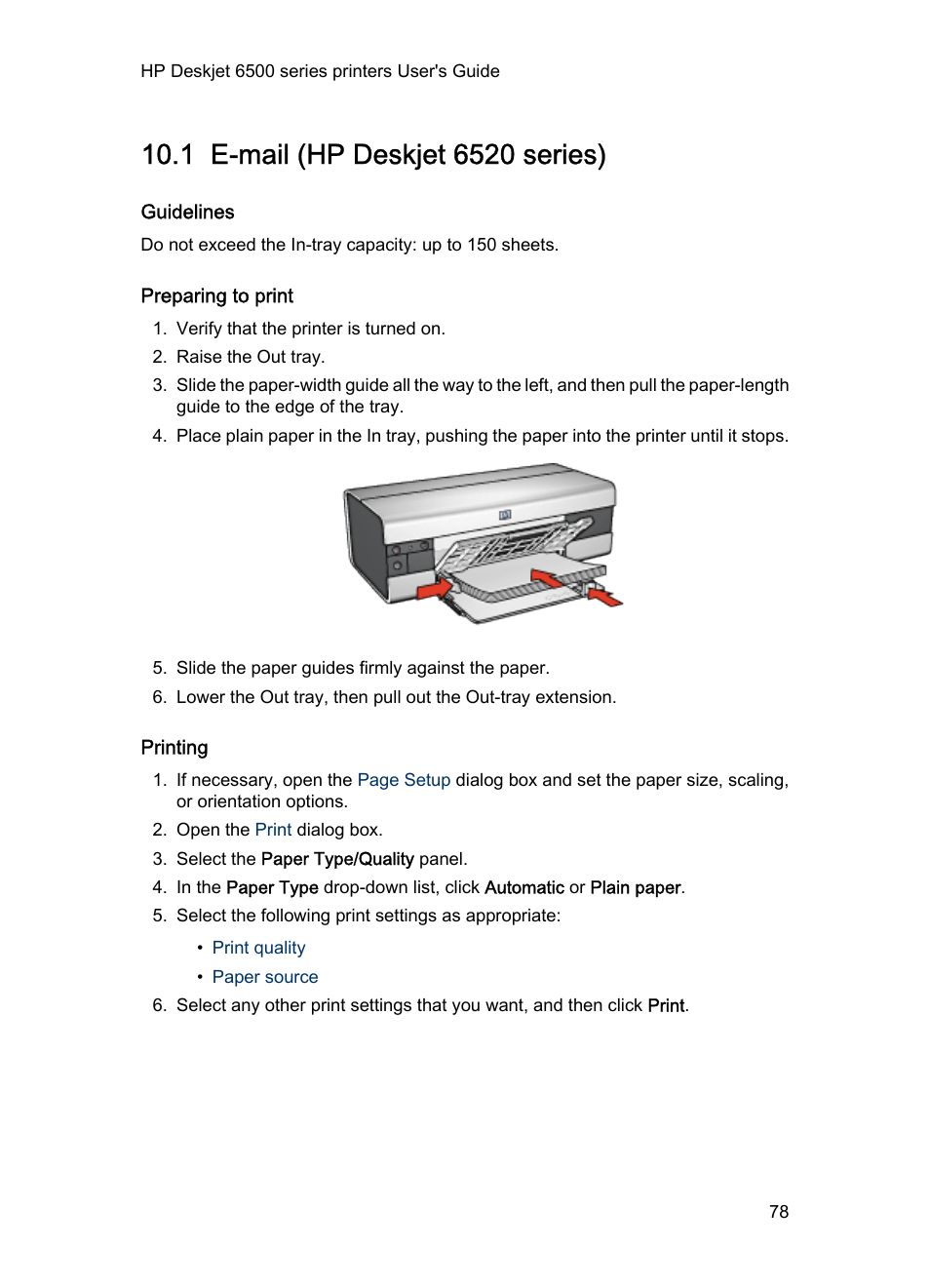 1 e-mail (hp deskjet 6520 series), Guidelines, Preparing to print | Printing, E-mail | HP Deskjet 6540 Color Inkjet Printer User Manual | Page 78 / 195