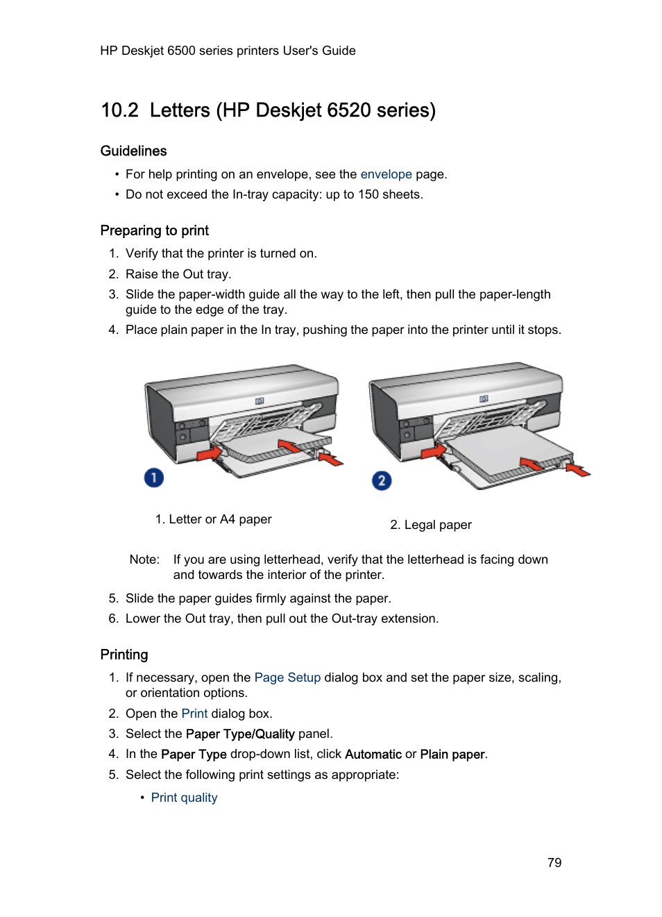 2 letters (hp deskjet 6520 series), Guidelines, Preparing to print | Printing, Letters | HP Deskjet 6540 Color Inkjet Printer User Manual | Page 79 / 195
