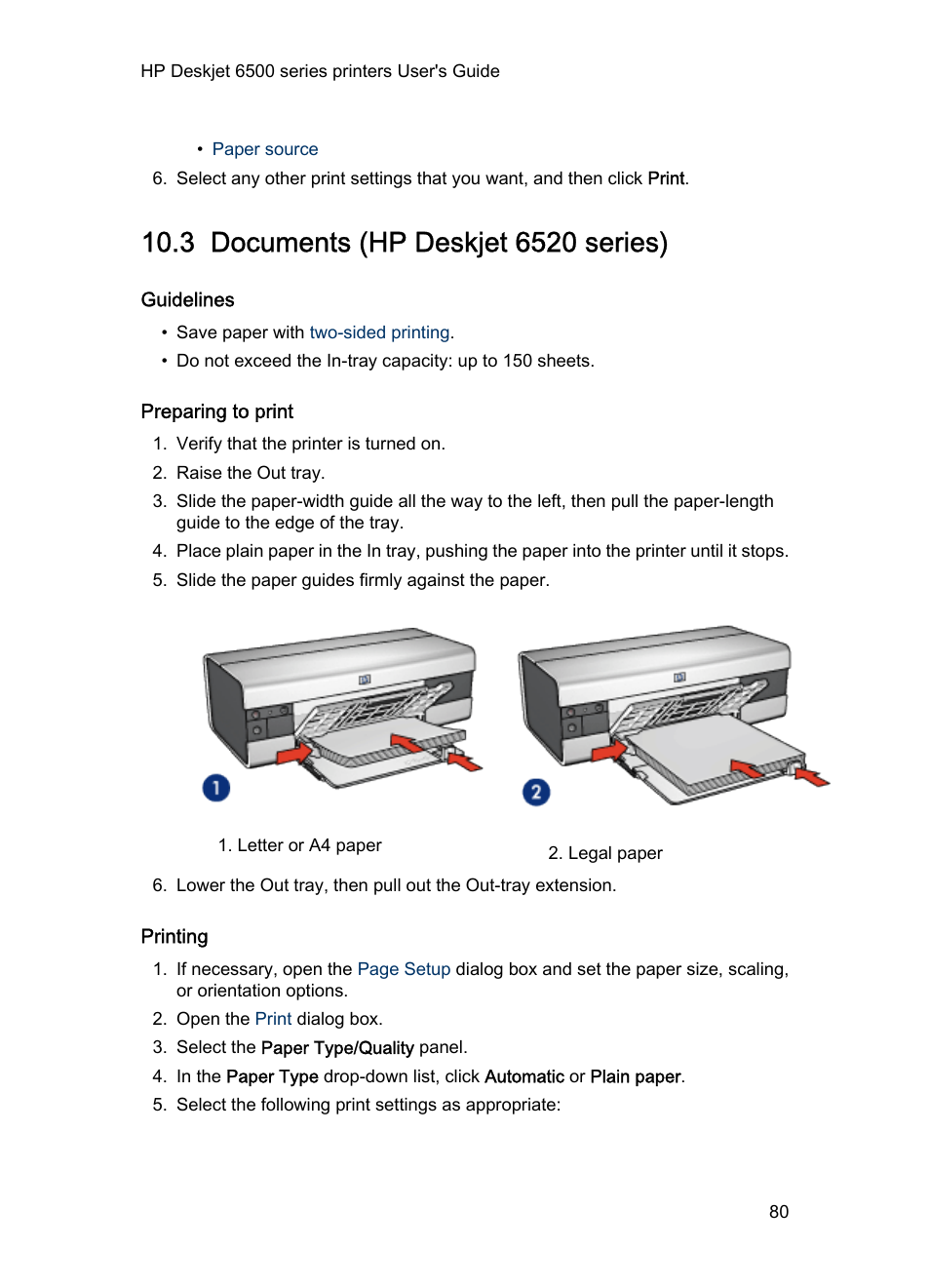 3 documents (hp deskjet 6520 series), Guidelines, Preparing to print | Printing, Documents | HP Deskjet 6540 Color Inkjet Printer User Manual | Page 80 / 195