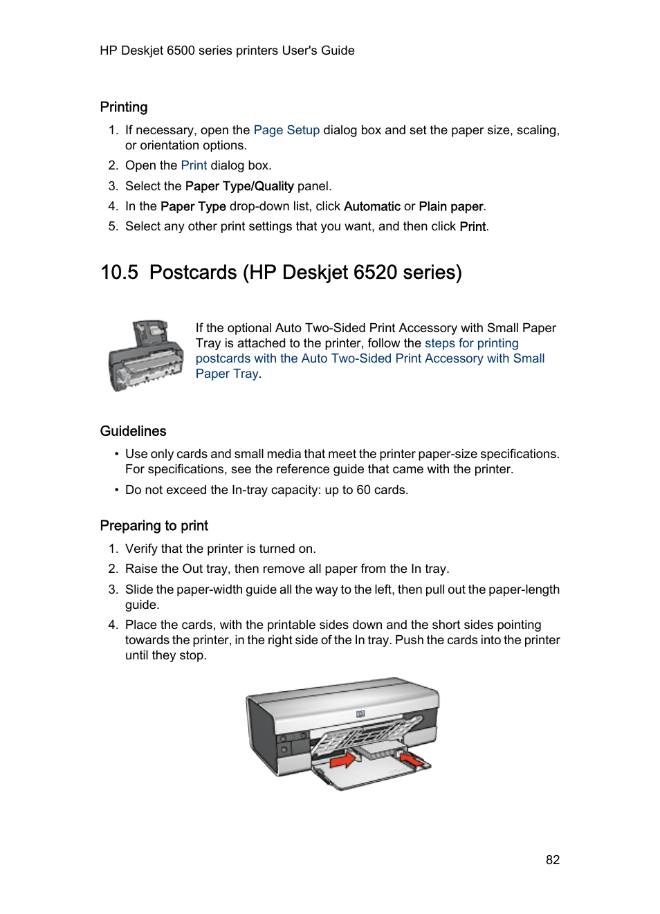 Printing, 5 postcards (hp deskjet 6520 series), Guidelines | Preparing to print, Postcards | HP Deskjet 6540 Color Inkjet Printer User Manual | Page 82 / 195