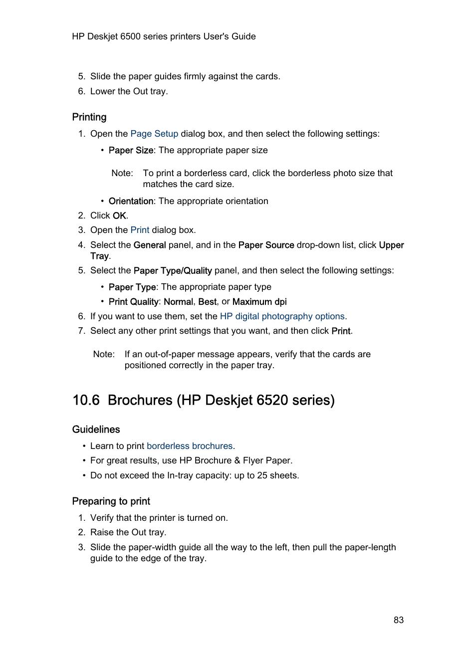 Printing, 6 brochures (hp deskjet 6520 series), Guidelines | Preparing to print, Brochures | HP Deskjet 6540 Color Inkjet Printer User Manual | Page 83 / 195