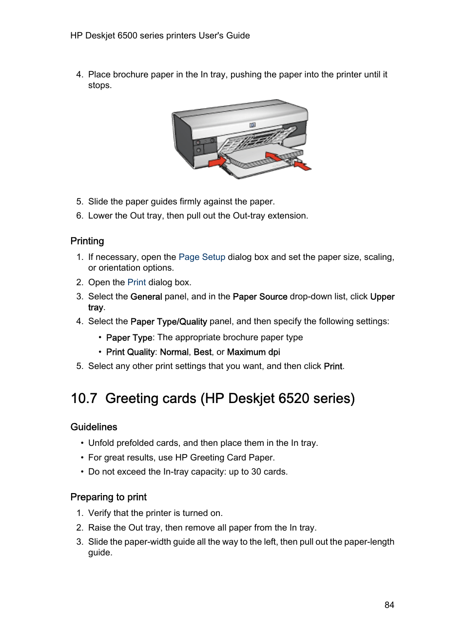 Printing, 7 greeting cards (hp deskjet 6520 series), Guidelines | Preparing to print, Greeting cards | HP Deskjet 6540 Color Inkjet Printer User Manual | Page 84 / 195