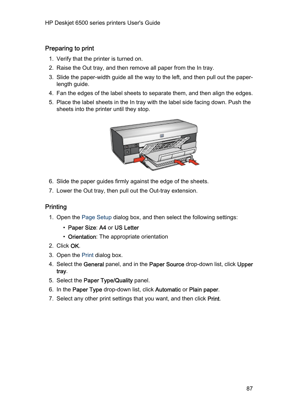Preparing to print, Printing | HP Deskjet 6540 Color Inkjet Printer User Manual | Page 87 / 195