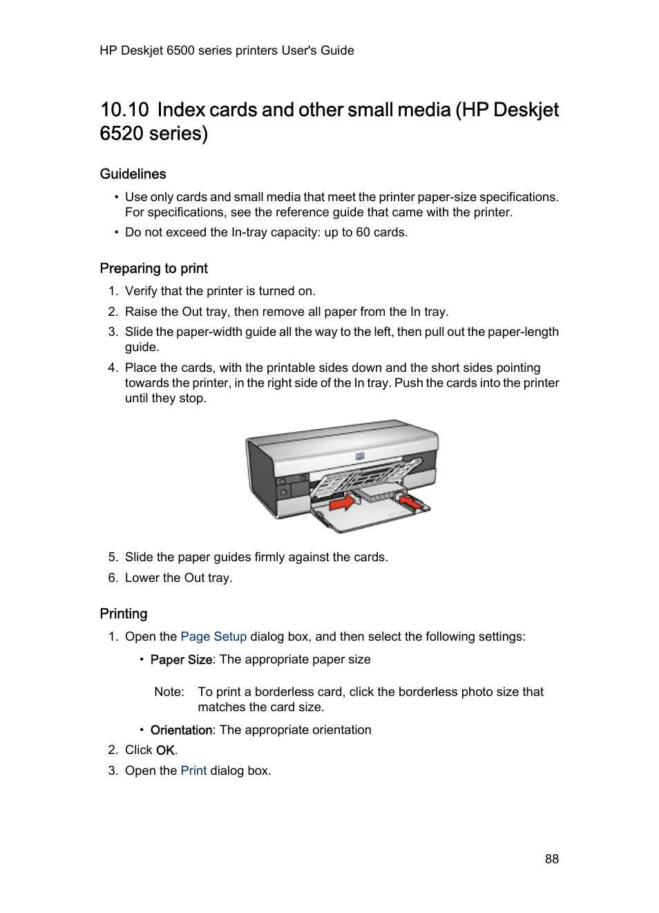 Guidelines, Preparing to print, Printing | Index cards | HP Deskjet 6540 Color Inkjet Printer User Manual | Page 88 / 195