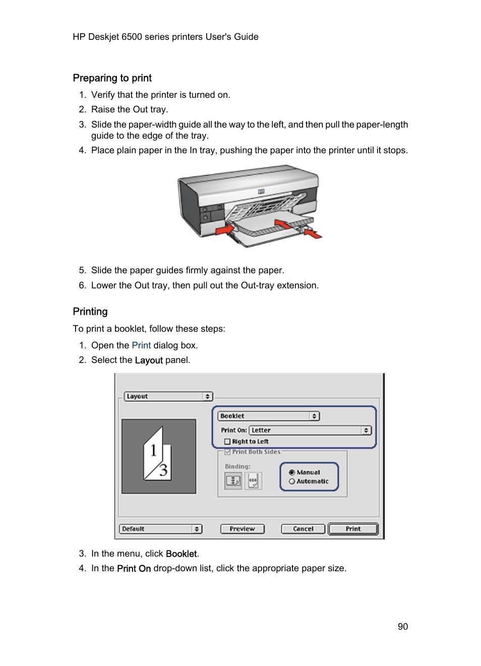 Preparing to print, Printing | HP Deskjet 6540 Color Inkjet Printer User Manual | Page 90 / 195