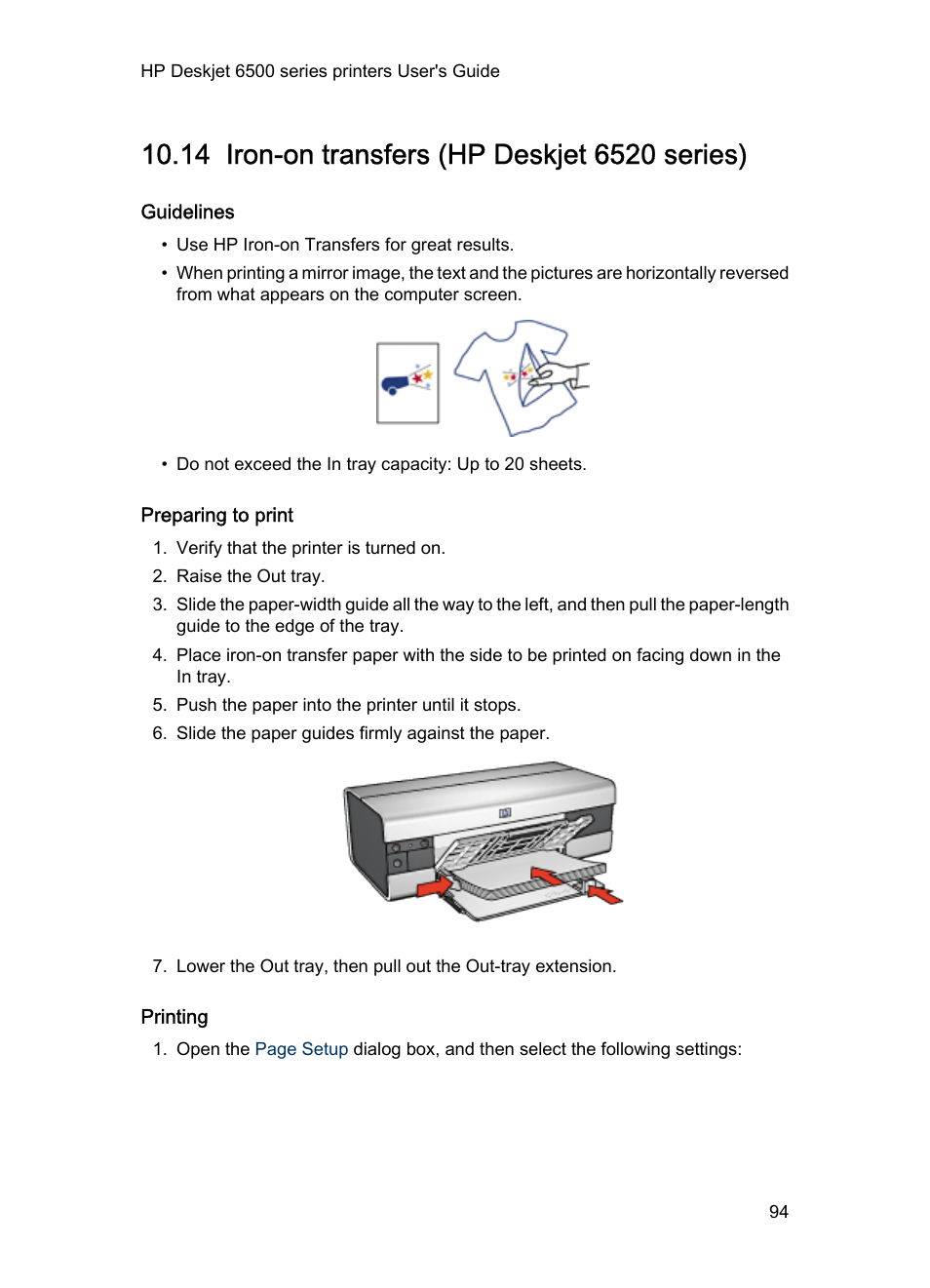 14 iron-on transfers (hp deskjet 6520 series), Guidelines, Preparing to print | Printing, Iron-on, Transfers | HP Deskjet 6540 Color Inkjet Printer User Manual | Page 94 / 195