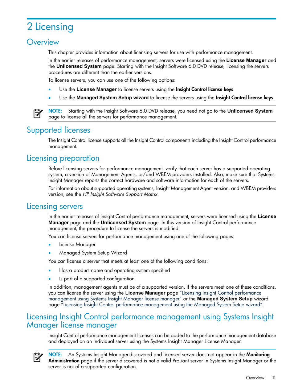 2 licensing, Overview, Supported licenses | Licensing preparation, Licensing servers | HP Insight Control User Manual | Page 11 / 81