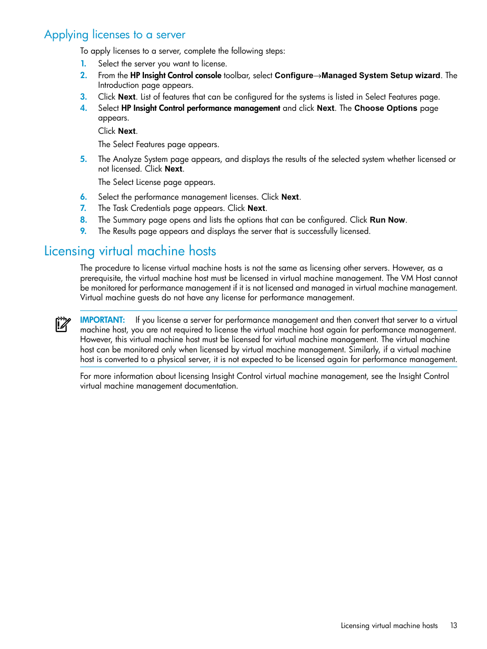 Applying licenses to a server, Licensing virtual machine hosts | HP Insight Control User Manual | Page 13 / 81