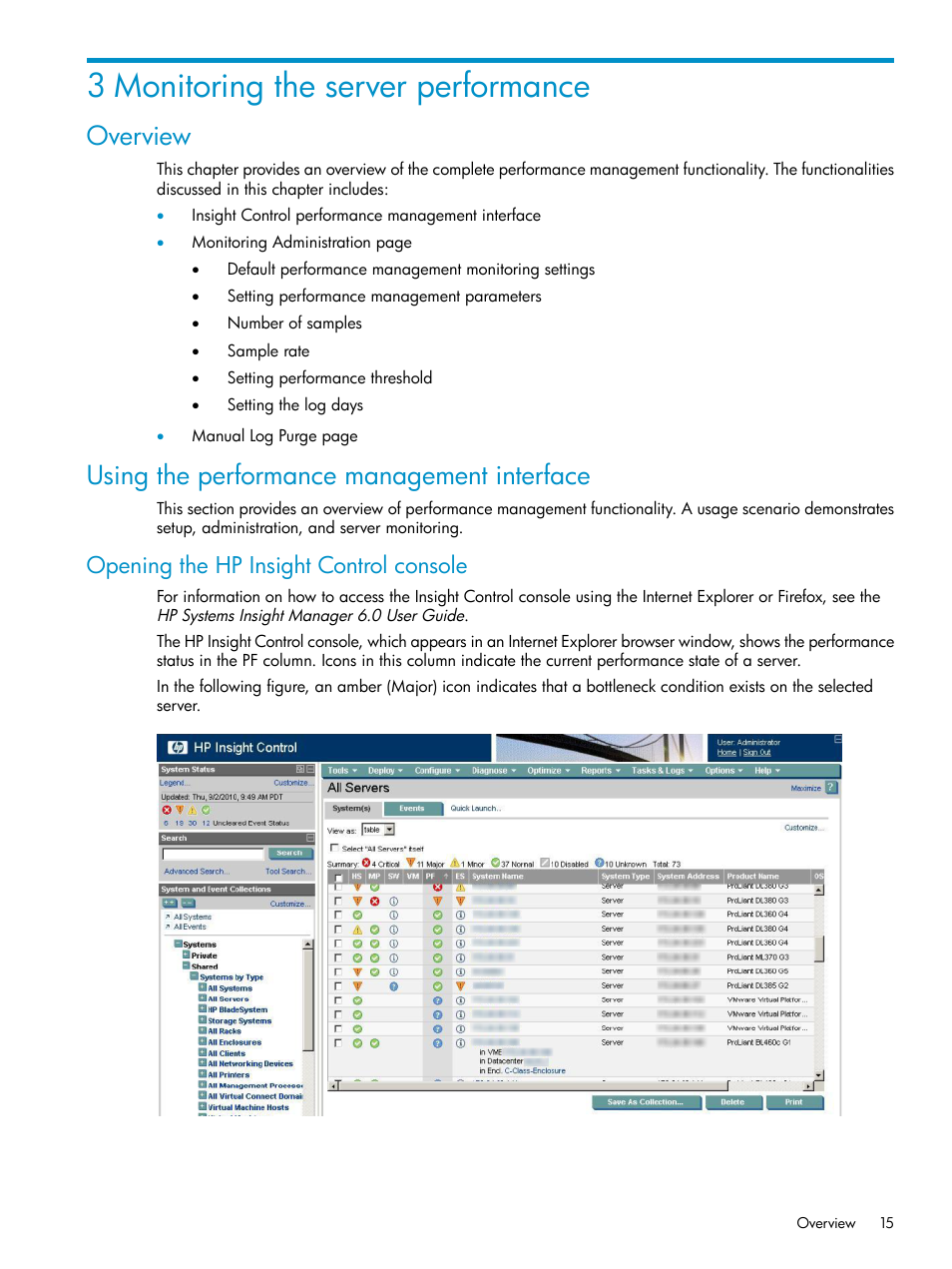 3 monitoring the server performance, Overview, Using the performance management interface | Opening the hp insight control console | HP Insight Control User Manual | Page 15 / 81