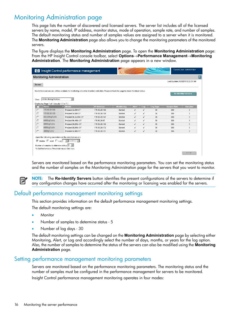 Default performance management monitoring settings, Monitoring administration page | HP Insight Control User Manual | Page 16 / 81