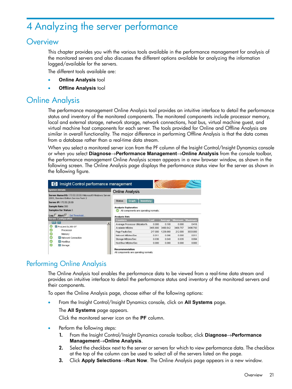 4 analyzing the server performance, Overview, Online analysis | Performing online analysis, Overview online analysis | HP Insight Control User Manual | Page 21 / 81