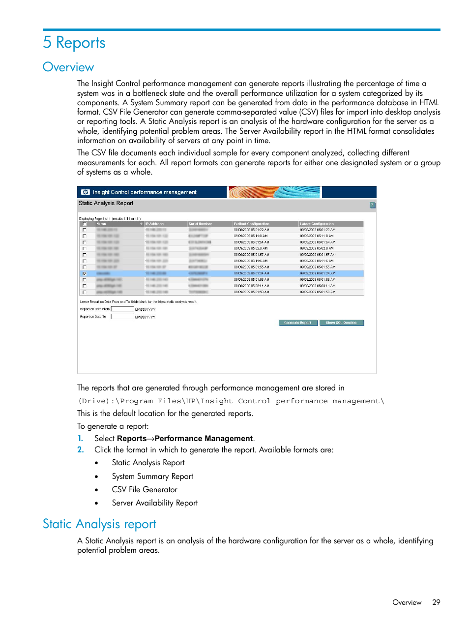 5 reports, Overview, Static analysis report | Overview static analysis report | HP Insight Control User Manual | Page 29 / 81