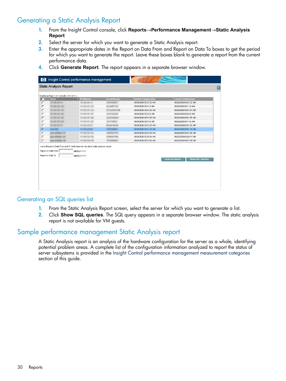 Generating a static analysis report, Generating an sql queries list | HP Insight Control User Manual | Page 30 / 81