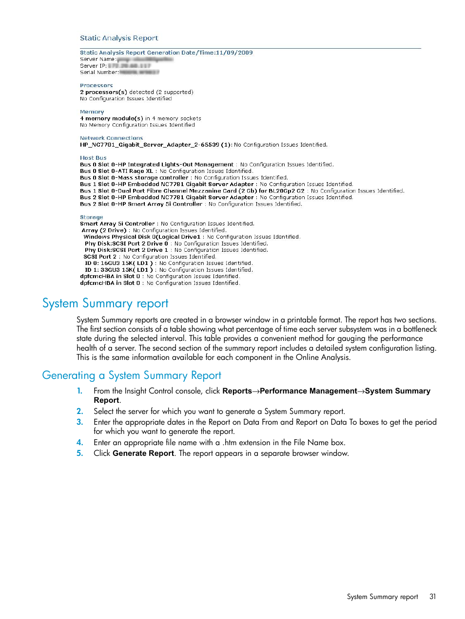 System summary report, Generating a system summary report | HP Insight Control User Manual | Page 31 / 81