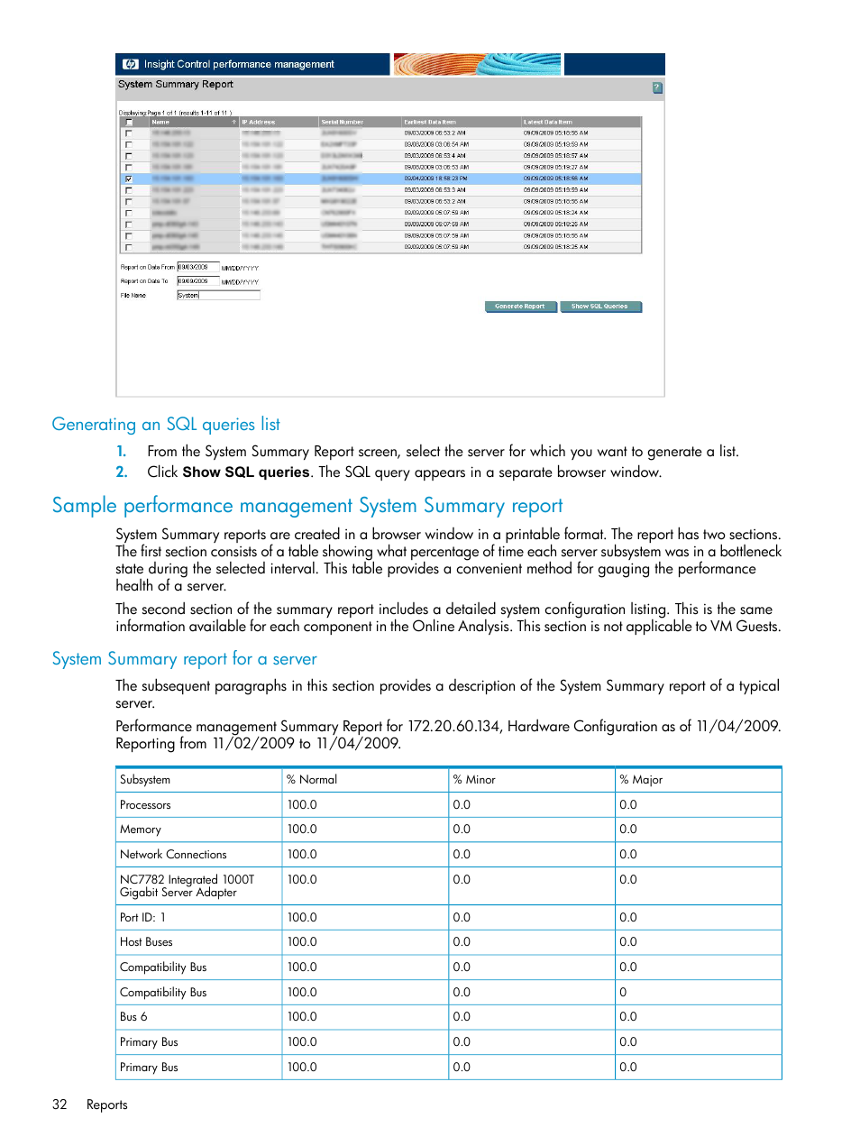 Generating an sql queries list, System summary report for a server | HP Insight Control User Manual | Page 32 / 81