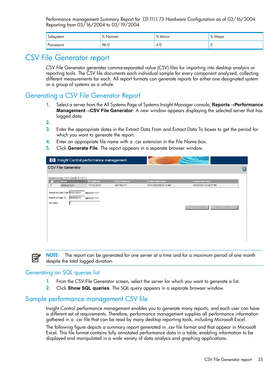 Csv file generator report, Generating a csv file generator report, Generating an sql queries list | Sample performance management csv file | HP Insight Control User Manual | Page 35 / 81