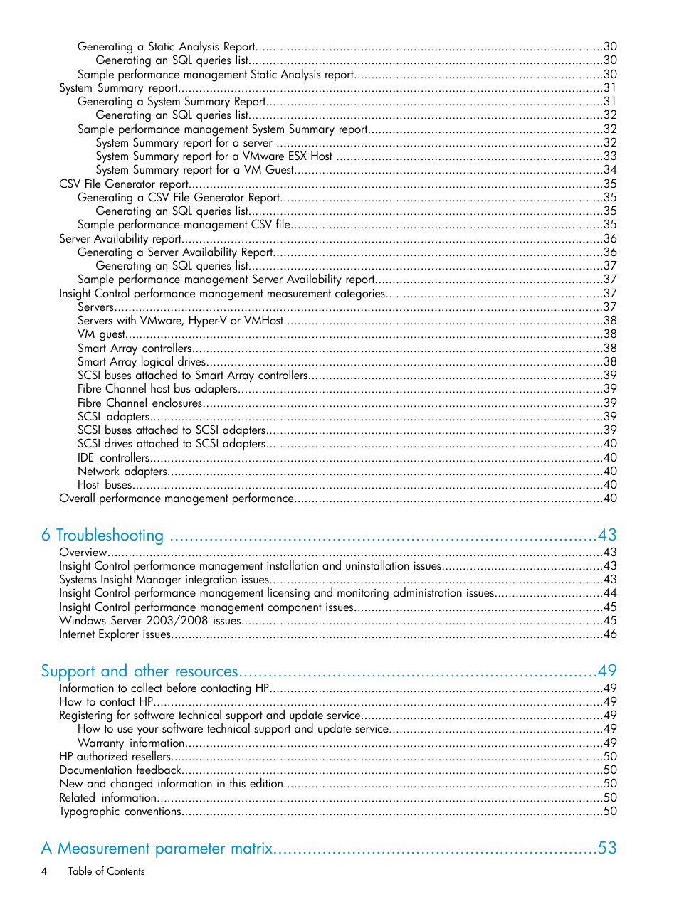 6 troubleshooting, Support and other resources, A measurement parameter matrix | HP Insight Control User Manual | Page 4 / 81