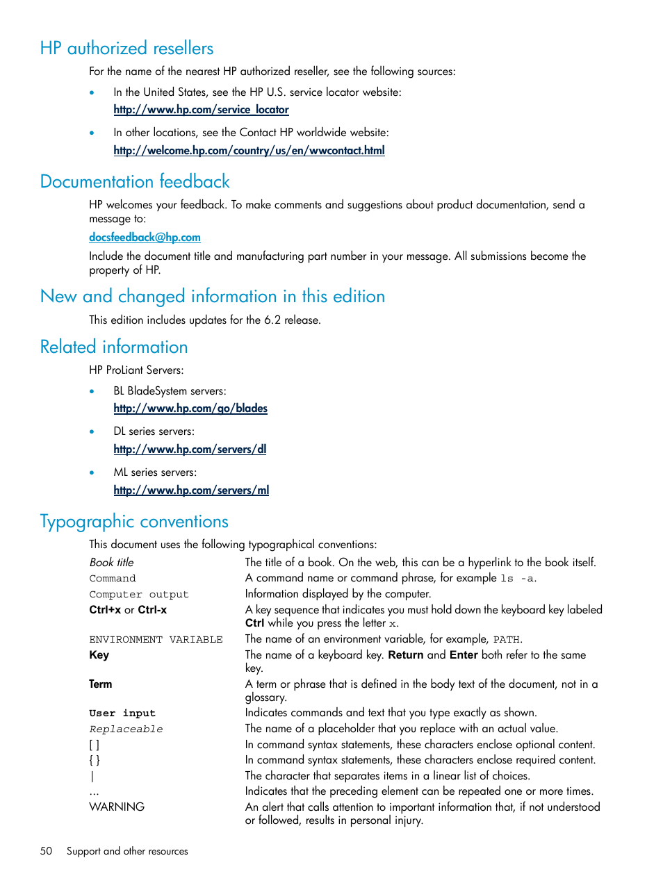 Hp authorized resellers, Documentation feedback, New and changed information in this edition | Related information, Typographic conventions | HP Insight Control User Manual | Page 50 / 81