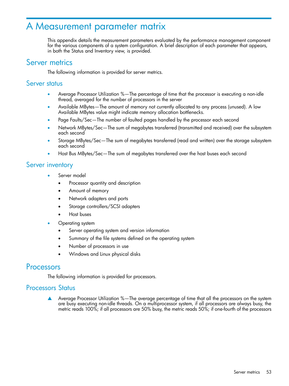 A measurement parameter matrix, Server metrics, Server status | Server inventory, Processors, Processors status, Server status server inventory | HP Insight Control User Manual | Page 53 / 81