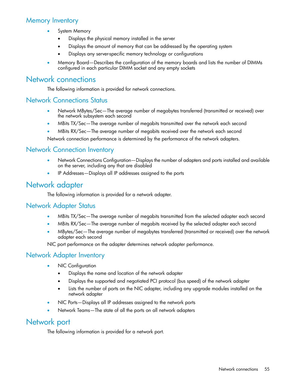 Memory inventory, Network connections, Network connections status | Network connection inventory, Network adapter, Network adapter status, Network adapter inventory, Network port, Network adapter status network adapter inventory | HP Insight Control User Manual | Page 55 / 81