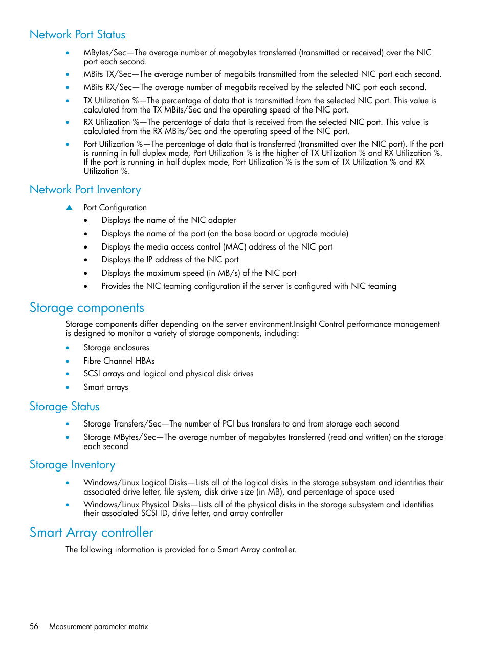 Network port status, Network port inventory, Storage components | Storage status, Storage inventory, Smart array controller, Network port status network port inventory, Storage status storage inventory | HP Insight Control User Manual | Page 56 / 81