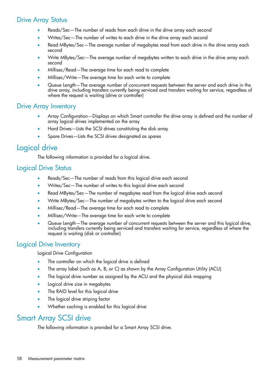 Drive array status, Drive array inventory, Logical drive | Logical drive status, Logical drive inventory, Smart array scsi drive, Drive array status drive array inventory, Logical drive status logical drive inventory | HP Insight Control User Manual | Page 58 / 81