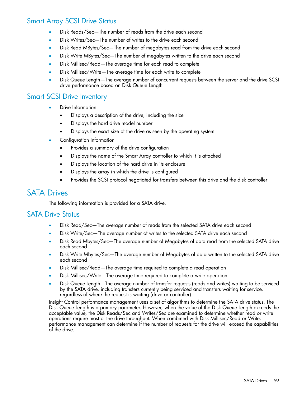 Smart array scsi drive status, Smart scsi drive inventory, Sata drives | Sata drive status | HP Insight Control User Manual | Page 59 / 81