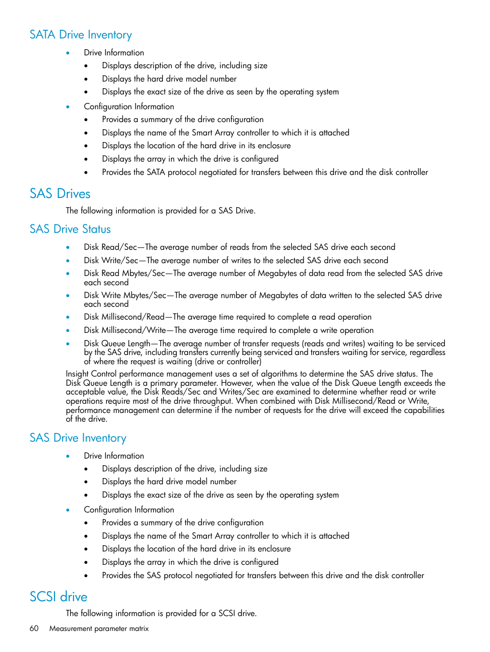 Sata drive inventory, Sas drives, Sas drive status | Sas drive inventory, Scsi drive, Sas drive status sas drive inventory | HP Insight Control User Manual | Page 60 / 81