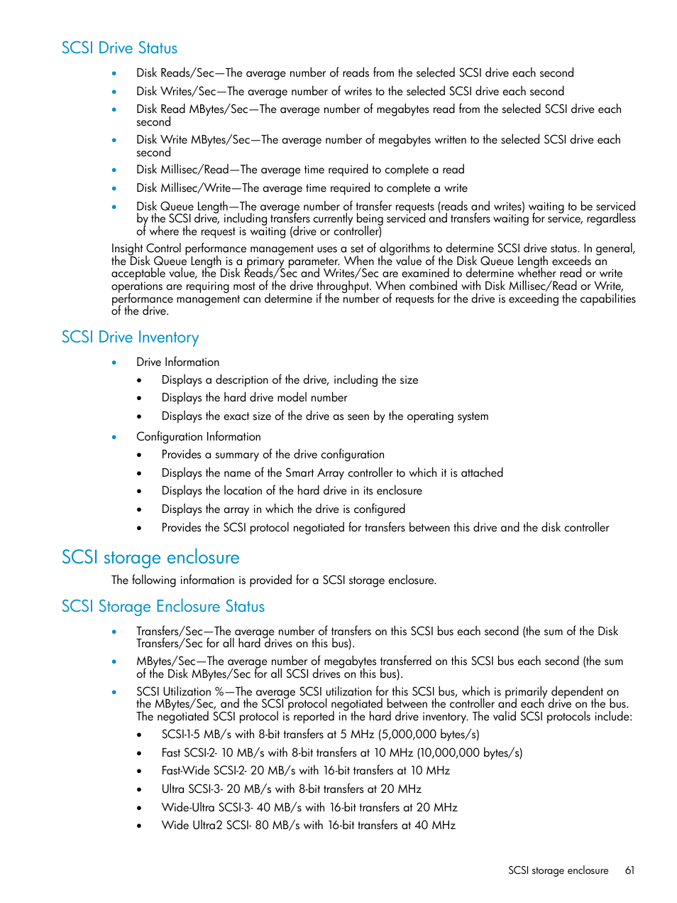 Scsi drive status, Scsi drive inventory, Scsi storage enclosure | Scsi storage enclosure status, Scsi drive status scsi drive inventory | HP Insight Control User Manual | Page 61 / 81