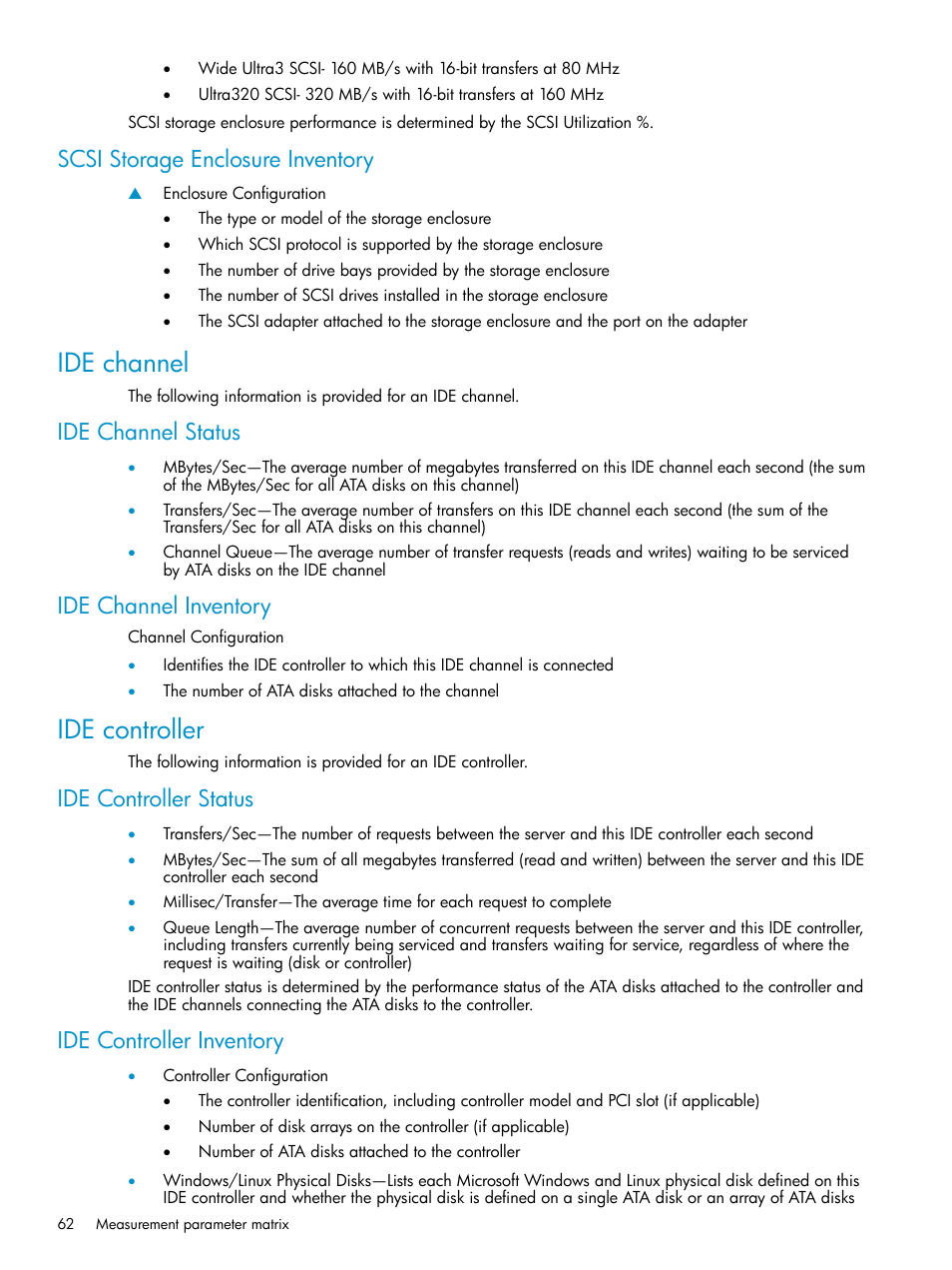 Scsi storage enclosure inventory, Ide channel, Ide channel status | Ide channel inventory, Ide controller, Ide controller status, Ide controller inventory, Ide channel status ide channel inventory, Ide controller status ide controller inventory | HP Insight Control User Manual | Page 62 / 81