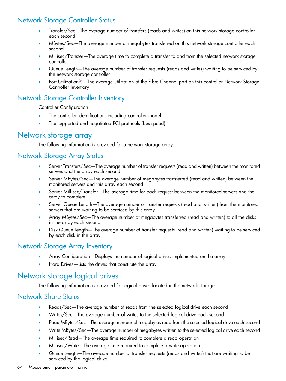 Network storage controller status, Network storage controller inventory, Network storage array | Network storage array status, Network storage array inventory, Network storage logical drives, Network share status | HP Insight Control User Manual | Page 64 / 81