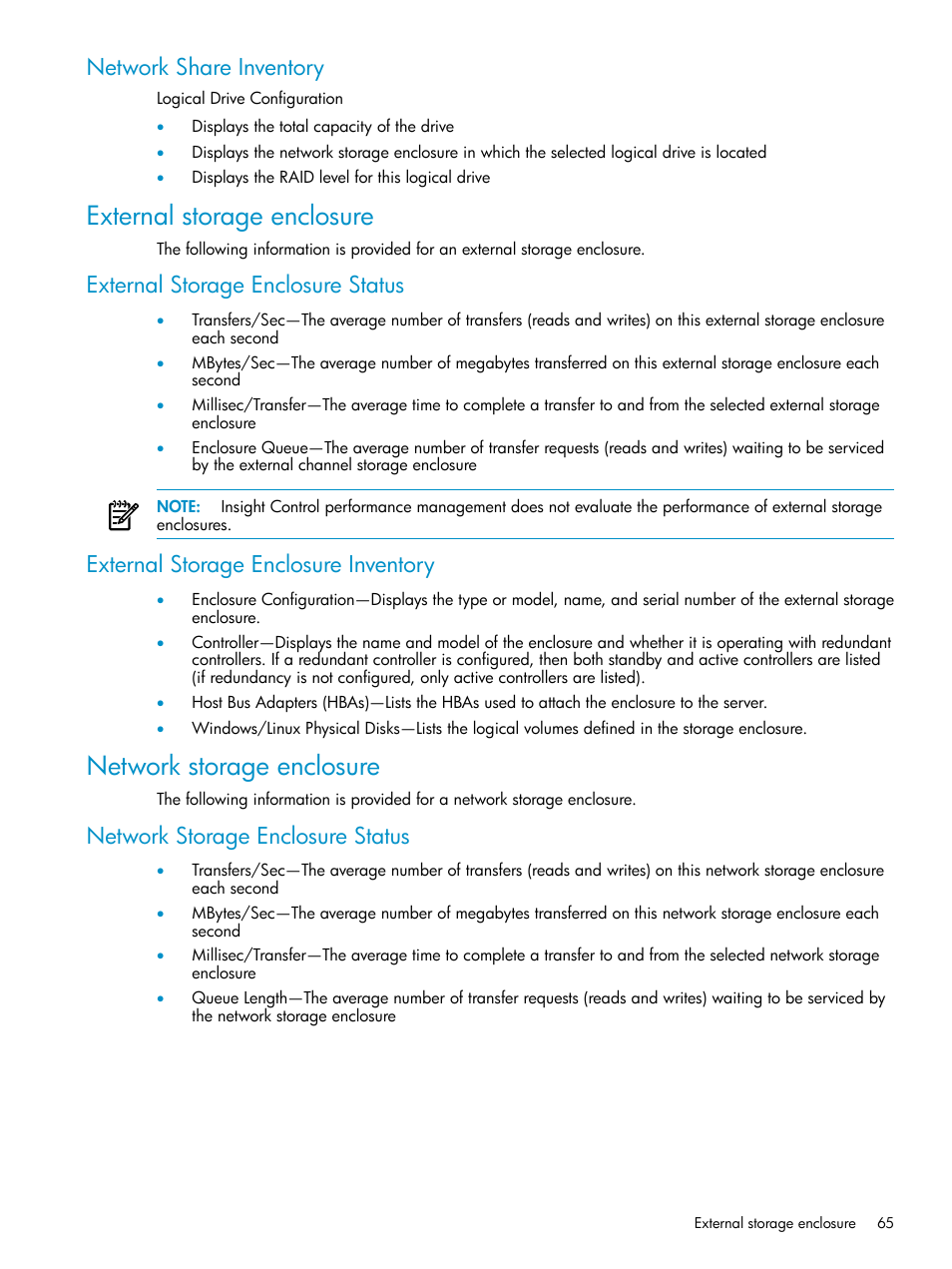 Network share inventory, External storage enclosure, External storage enclosure status | External storage enclosure inventory, Network storage enclosure, Network storage enclosure status | HP Insight Control User Manual | Page 65 / 81