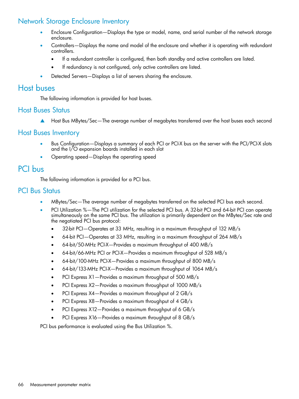 Network storage enclosure inventory, Host buses, Host buses status | Host buses inventory, Pci bus, Pci bus status, Host buses status host buses inventory | HP Insight Control User Manual | Page 66 / 81