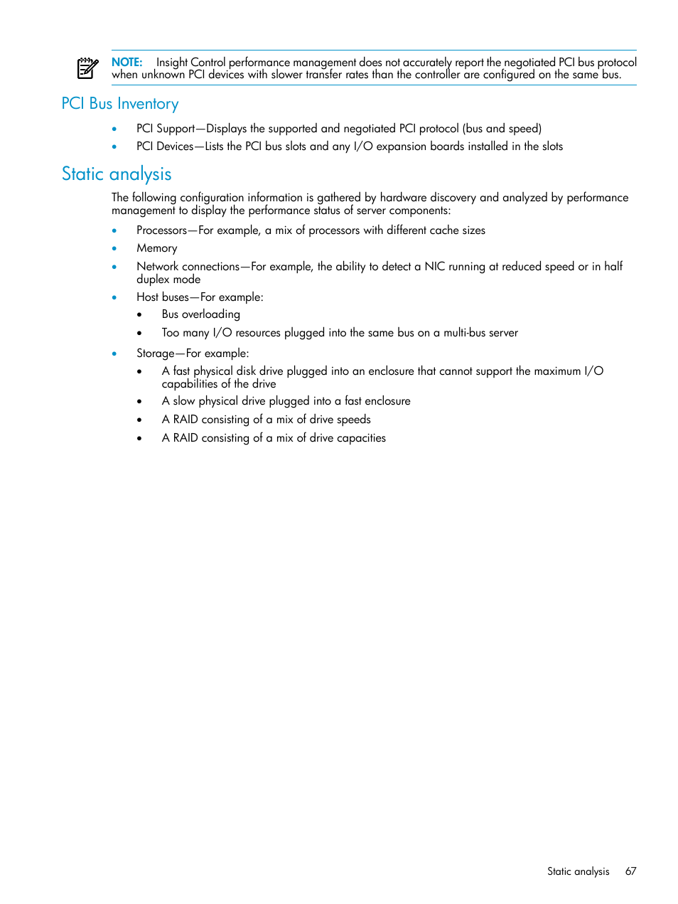 Pci bus inventory, Static analysis | HP Insight Control User Manual | Page 67 / 81