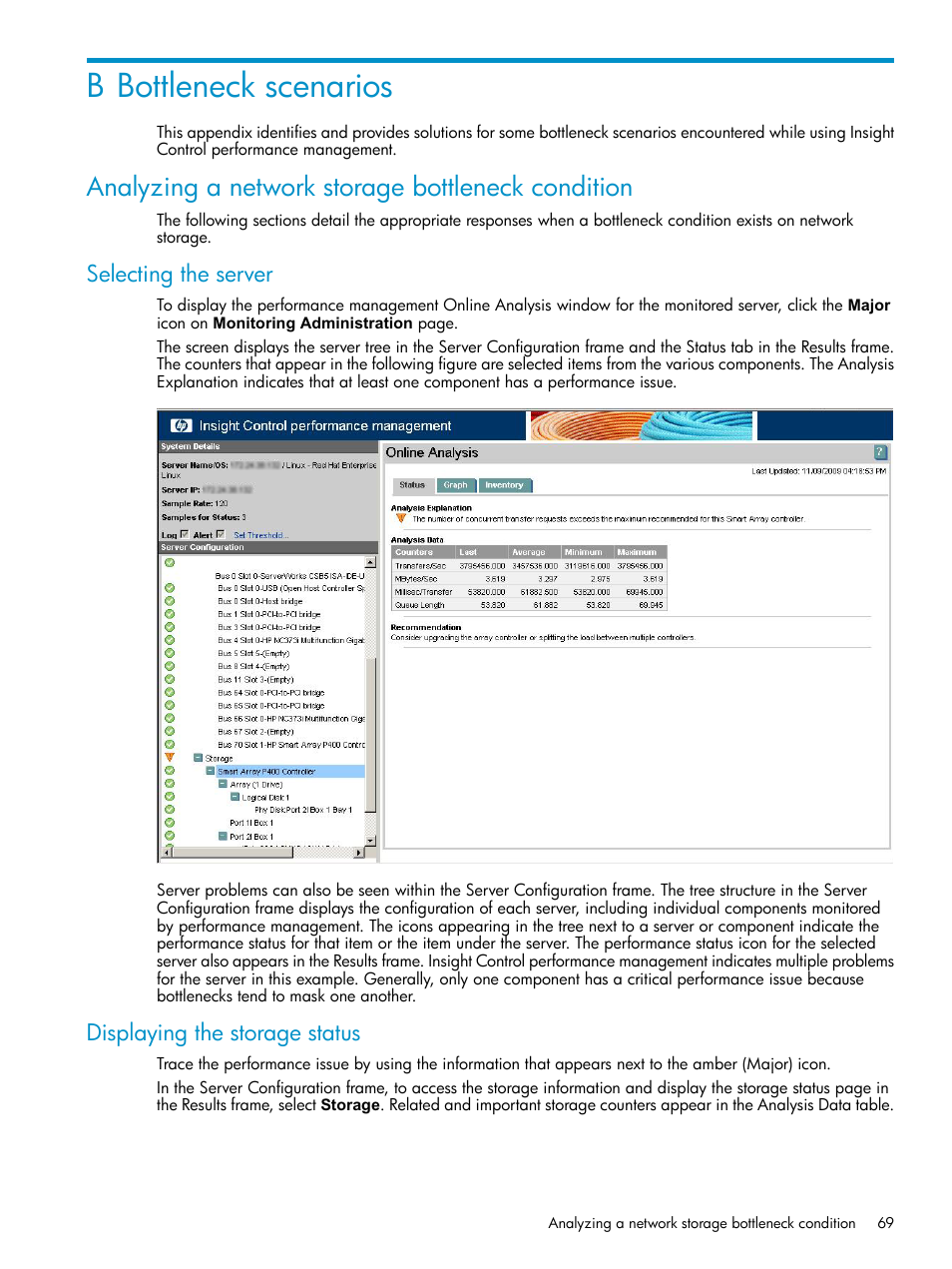 B bottleneck scenarios, Analyzing a network storage bottleneck condition, Selecting the server | Displaying the storage status, Selecting the server displaying the storage status | HP Insight Control User Manual | Page 69 / 81