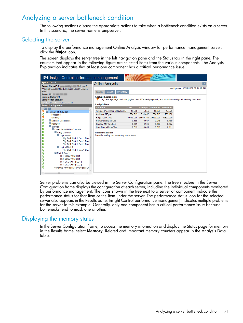 Analyzing a server bottleneck condition, Selecting the server, Displaying the memory status | Selecting the server displaying the memory status | HP Insight Control User Manual | Page 71 / 81