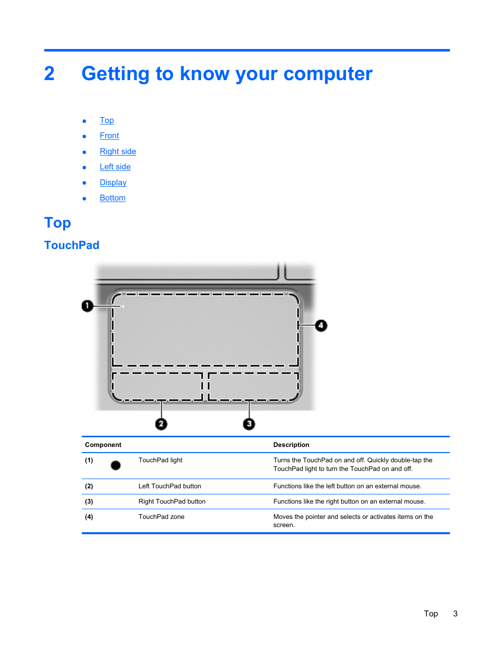 Getting to know your computer, Touchpad, 2 getting to know your computer | Getting to know, 2getting to know your computer | HP Mini 210-2087dx PC User Manual | Page 11 / 67