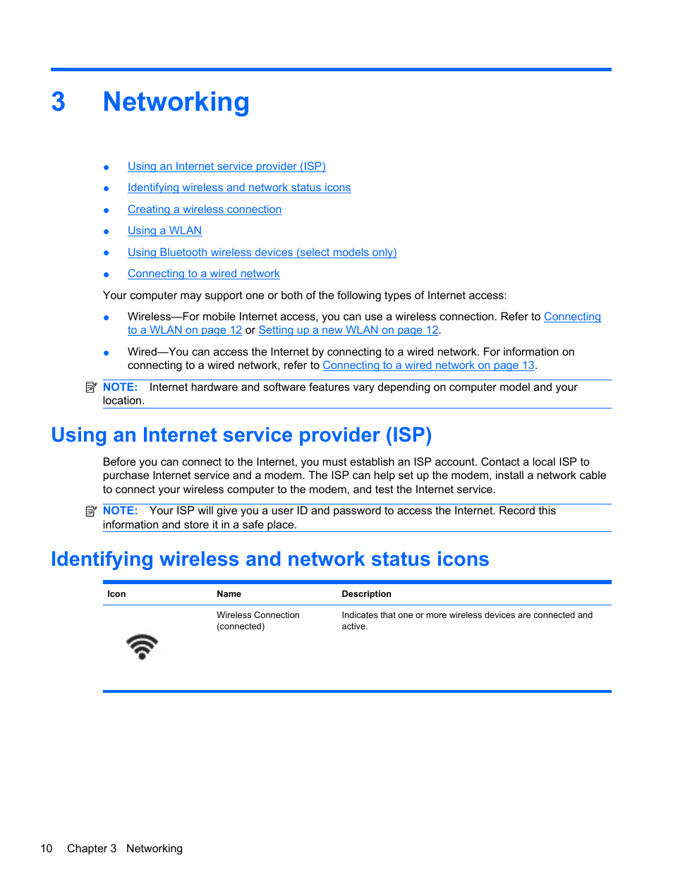 Networking, Using an internet service provider (isp), Identifying wireless and network status icons | 3 networking, Information, refer to, 3networking | HP Mini 210-2087dx PC User Manual | Page 18 / 67